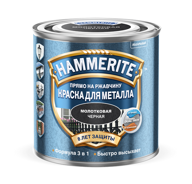 HAMMERITE краска для металла с молотковым эффектом, прямо на ржавчину, черная (5л)