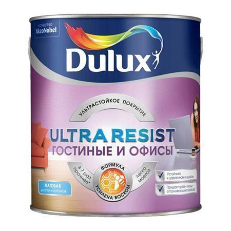 DULUX ULTRA RESIST ГОСТИНЫЕ И ОФИСЫ краска интерьерная, усилена воском, матовая, база BC (2,25л)