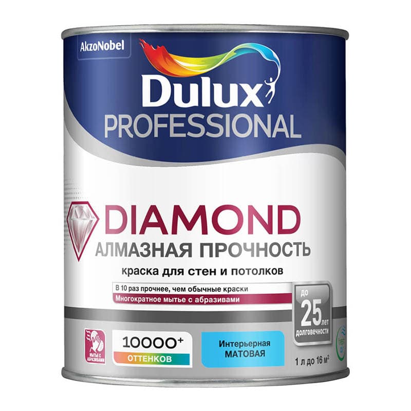 DULUX DIAMOND АЛМАЗНАЯ ПРОЧНОСТЬ краска для стен и потолков, износостойкая, мат., база BW (1л)_NEW