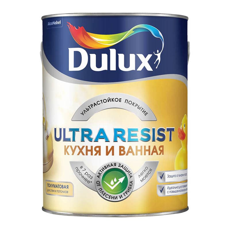 DULUX ULTRA RESIST КУХНЯ И ВАННАЯ краска с защитой от плесени и грибка, матовая, база BW (5л)_NEW