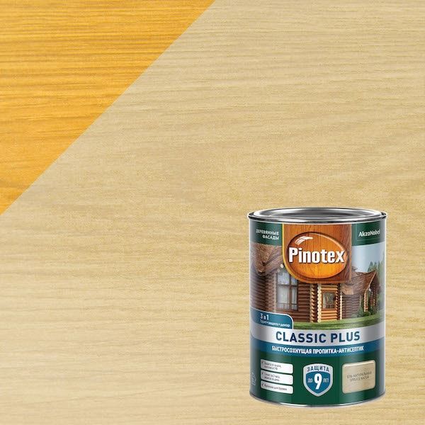 PINOTEX CLASSIC PLUS пропитка-антисептик быстросохнущая 3 в 1, ель натуральная (0,9л)