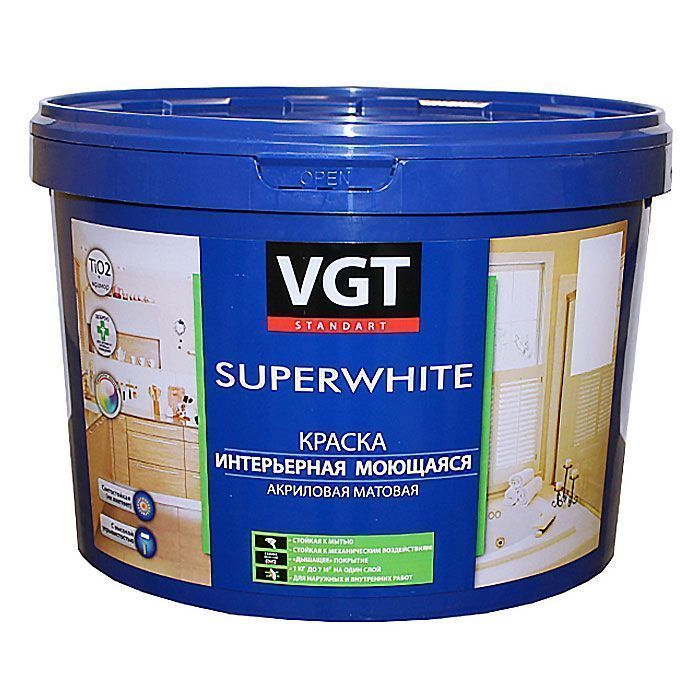 VGT SUPERWHITE ВД-АК-1180 КРАСКА ИНТЕРЬЕРНАЯ МОЮЩАЯСЯ, акриловая, матовая, база А (2,5кг)