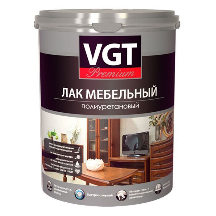 VGT PREMIUM ЛАК МЕБЕЛЬНЫЙ ПОЛИУРЕТАНОВЫЙ для внутренних работ, глянцевый (0,9л)