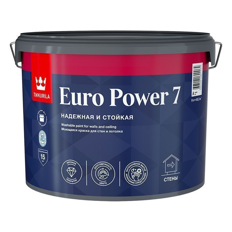 TIKKURILA EURO POWER 7 краска моющаяся для стен и потолка, матовая, база A (9л)