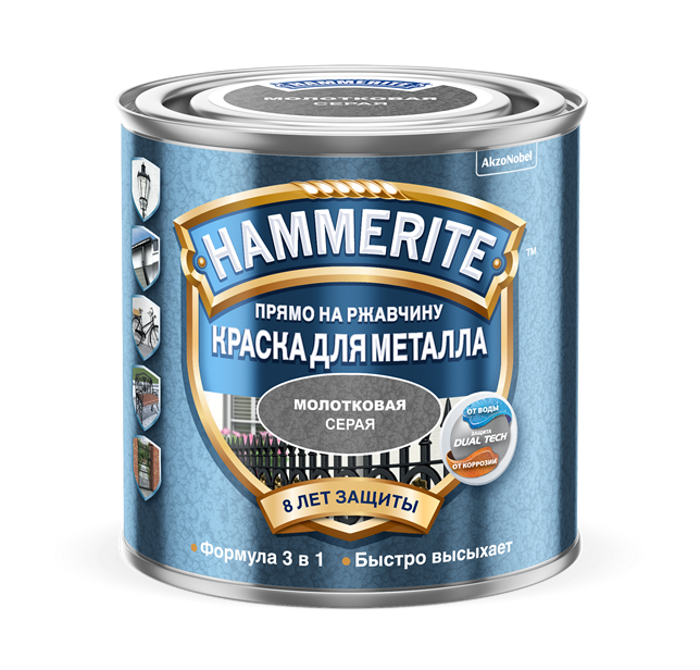 HAMMERITE HAMMERED молотковая эмаль по ржавчине, серая (0,75л)