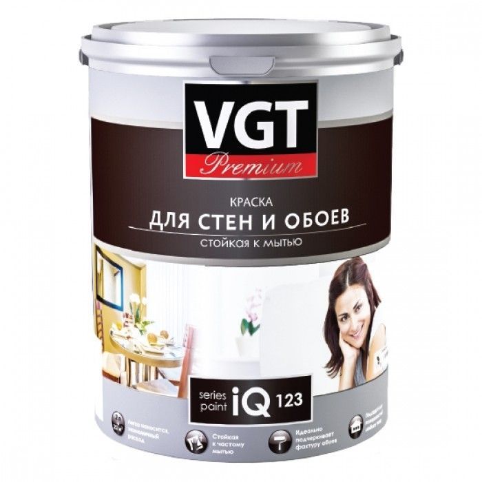 VGT PREMIUM IQ 123 КРАСКА МОЮЩАЯСЯ ДЛЯ СТЕН И ОБОЕВ глубокоматовая, белая, база А (9л)